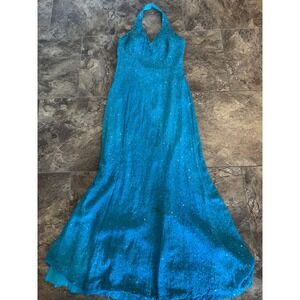 Y2K RARE Tiffany Designs Teal‎ Halter Formal Gown Beaded Evening Dress 90sb